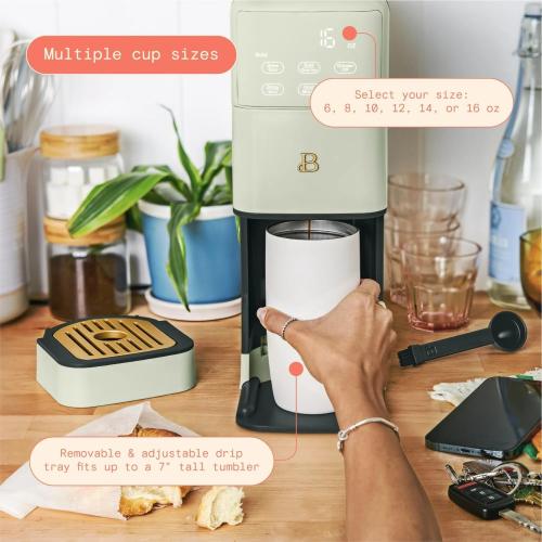 B - Perfect Grind Programmable Single-Serve Coffee Maker with Built-In Grinder, Fresh Ground Brewing, Touch Controls, Reusable Filter, Compact Countertop Design (Sage Green)