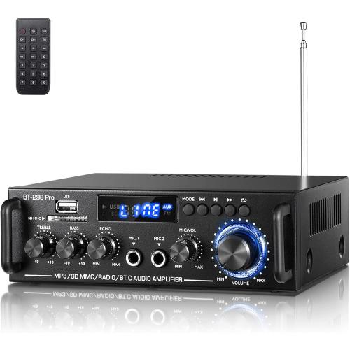 298Pro Stereo Audio Amplifier, Max 400W Home 2 Channel Bluetooth 5.0 Wireless Power Amplifier, HiFi Sound Home Theater Audio System Home Stereo Receiver, MIC in w/Echo, Bass & Treble w/USB/RCA/FM