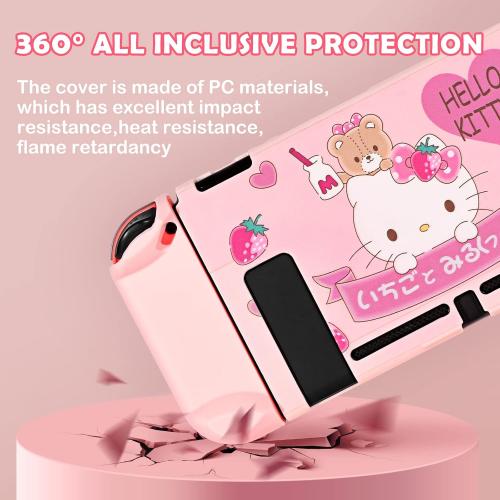 DLseego Lovely Kitty Switch Protective Case Dockable Hard Shell Anti Scratch Cover Pink Joy Con Skin with 3PCS Compatible with Regular Switch