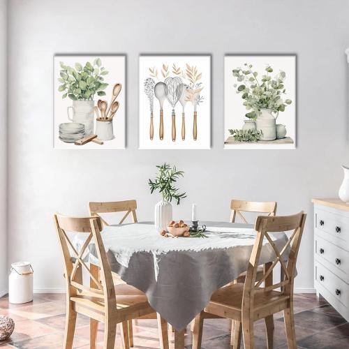 AOYUSMO Kitchen Wall Decor 3 Piece Sage Green Botanical Prints 16x24