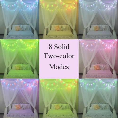 White Bed Canopy with 24 Colors Star Lights for Girls, 8 Corner Princess Canopy Bed Curtains with Color Changing LED String Lights Remote Timer for Adults Women Bedroom, Twin Full Queen King Bed