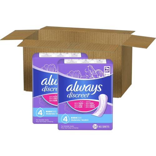 Always Discreet Adult Incontinence Pads for Women, Moderate Absorbency, Regular Length, Postpartum Pads, 108 Count (2 Packs of 54)