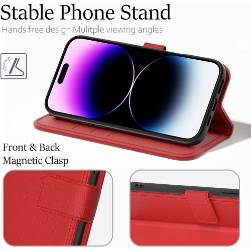 oakxco for iPhone 14 Pro Max Wallet Case with Credit Card Holder, Magnetic RFID Slim Folio Book Flip Leather Phone Case for Women Men Girl, Cute Soft Silicone Rubber Shockproof Cover, Red