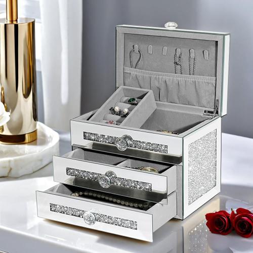 Mirrored Jewelry Box,3-Layer 2 Drawers Glass Jewerly Organizer with Lid,Necklace Ring Earring Storage Boxes,Silver Crushed Diamond Home Decor,Gift Idea