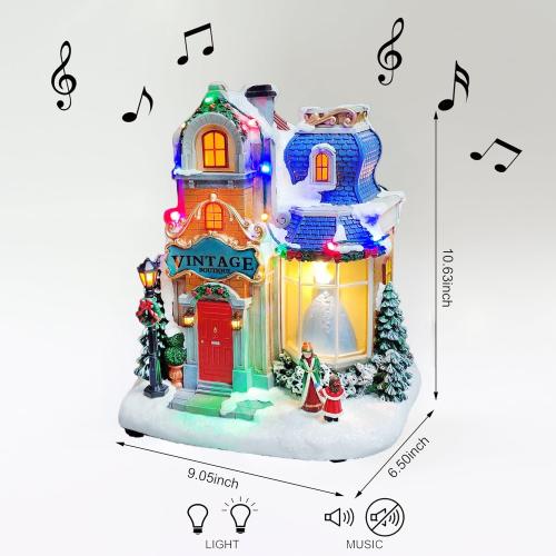 MOMENTS IN TIME Lighted Christmas Village Vintage Boutique LED 10.6” Musical Polyresin Holiday Building, Battery Operated Tabletop Christmas Decoration