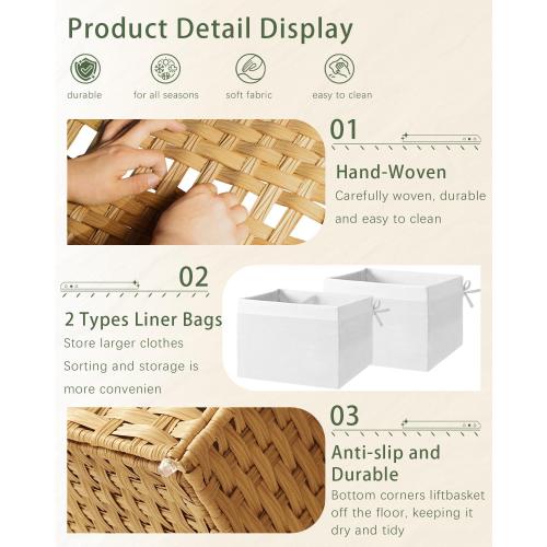 Storage Basket with Lid Rattan Woven Storage Baskets with 1 Separate Lids, 17.2 Gallon (65 L), 22 x 13 x 13.8 Inches,Foldable, 1 Removable Liner Bags Handles for Bedroom, Laundry Room Natural