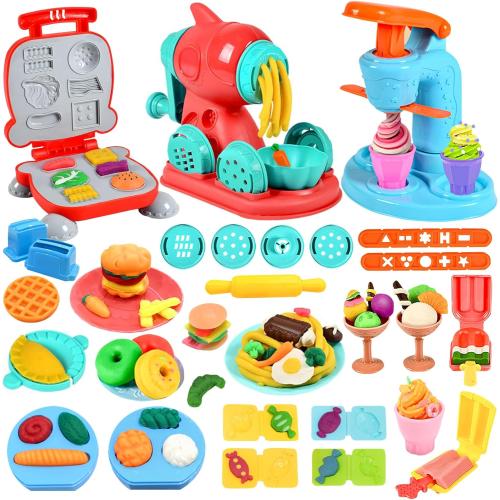 3 in 1 Color Dough Kitchen Creations Set, Ice Cream Spaghetti Burger Maker Machine, Art Crafts Food Modeling Toys, Accessories Tools Kit for Boys Girls Kids Toddlers Ages 3  (12 Colors Dough)