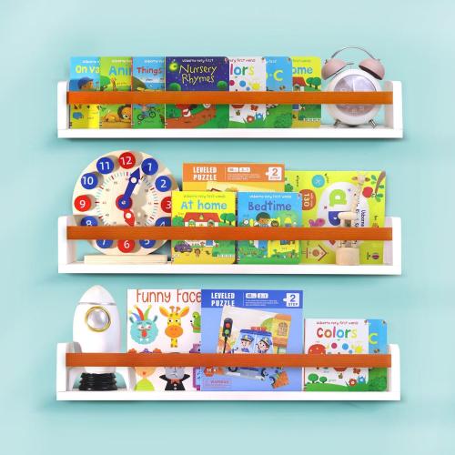 Set of 3 Size for 4 Color White Floating Wall Nursery Book Shelves for Bedrooms Kids 24 Inch White Wooden Baby Book Shelf for Kids Rooms Set of 3 Nursery Shelves for Wall Mounted Honey Stain Toddler Bookshelf for Kids Wall
