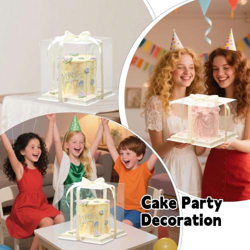 Clear Gift Box with Ribbon 2-Layer 8.5x8.5x9 Inch, Transparent Cake Carrier Box with Lids, PET Tall Cake Packaging Boxes, Clear Gift Boxes for Birthday,Wedding and Festival Party