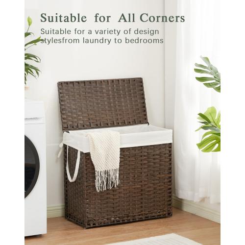 SETVSON Laundry Hamper with Lid Laundry Basket 132 L (35 Gal) Wicker Clothes Hamper, Handwoven Rattan Hamper with Handles and 4 Removable Liner Bags, 6 Mesh Bags for Laundry Bedroom Brown