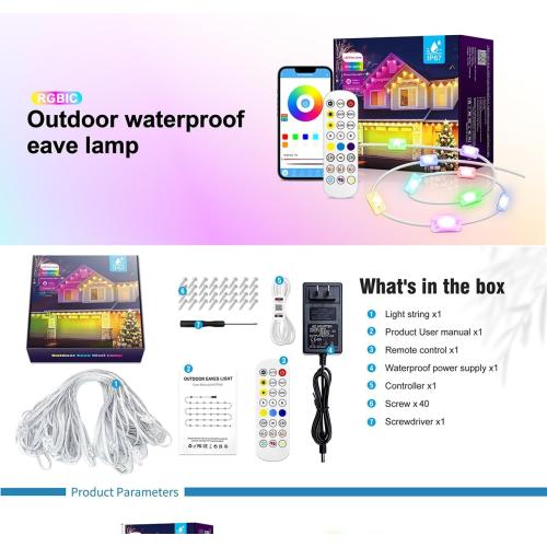 Bluetooth Permanent Outdoor RGB Intelligent Colorful Eaves led Lights,App and Remote Control,DIY Scene Modes,Waterproof,for Christmas,House Decorations,100ft. (EU)