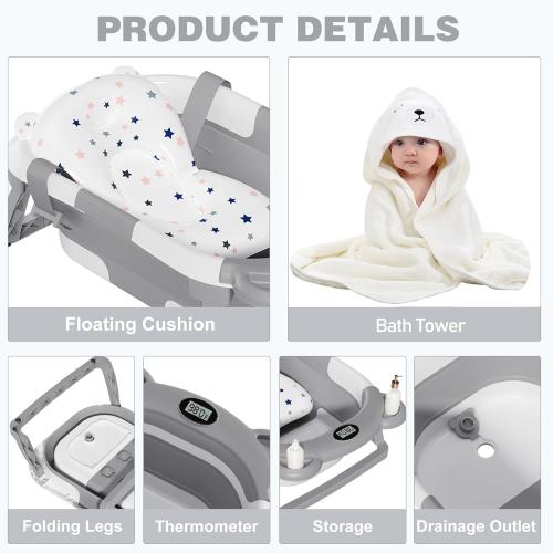 MoreFeel Collapsible Baby Bathtub for Newborn with Thermometer & 1 Hooded Towel & 1 Soft Floating Cushion,Portable Travel Bathtub with Drain Hole, Durable Foldable Baby Tubs for Infants to Toddler
