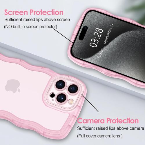 Clear Pink Anuck for iPhone 15 Pro Case Wavy Edge Clear Back Design, Anti-Slip Grip Cute Wave Curly Frame Shape Shockproof Soft TPU & Hard Bumper Protective Phone Case Cover for Women Girls
