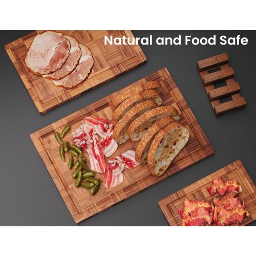 Fibogollo Set of 3 Bamboo Kitchen Cutting Boards with Juice Groove | Chopping Boards Set,End Grain Bamboo Butcher Block with Storage Stand,Serving Board and Charcuterie with Holder