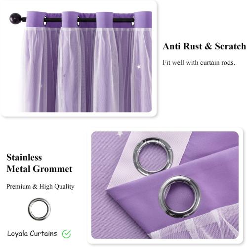 Stars Curtains Double Layer Curtains Blackout Curtains for Bedroom Kids Curtains Cute Curtains Kids Blackout Curtains, Curtains 84 Inches Long 2 Panels Set, Purple Curtains, 52 X 84 Inches