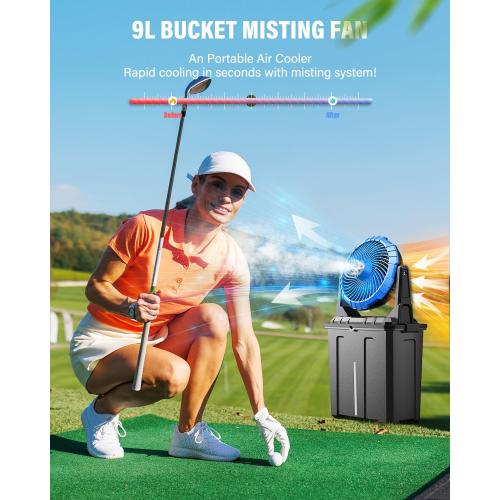 Ausic 10″ 9L Portable Misting Fan, [Max 55Hrs] Outdoor Mister Fan for Outside Patios Golf, 20000mAh Rechargeable Battery Operated Travel Water Cooling Fan, Camping Patio Accessories - 3 Spray Misters