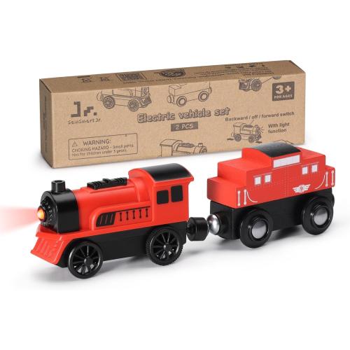 SainSmart Jr. Wooden Train Set Accessories, 2 PCS Motorized Train for Toddlers with Magnetic Connection, Battery Operated Train Compatible with All Major Brands, Gift for Kids Aged 3