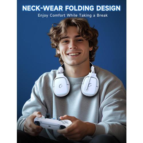 2.4GHz Wireless Gaming Headsets for PS5, PS4, PC, Switch - Bluetooth 5.3 Gaming Headphones with Noise Canceling Mic, 7.1 Surround Sound, 70H Battery, Blue Lighting - White