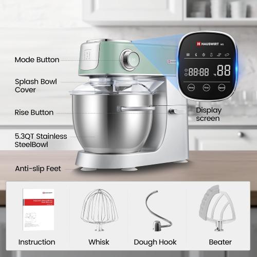 Hauswirt Stand Mixer 5.3QT XL Large, 4.5 LED Touch Screen Electric Household Stand Up Mixer, Standing Mixer 11-Speed, Dough Cake Bread Mixer – Lake Green