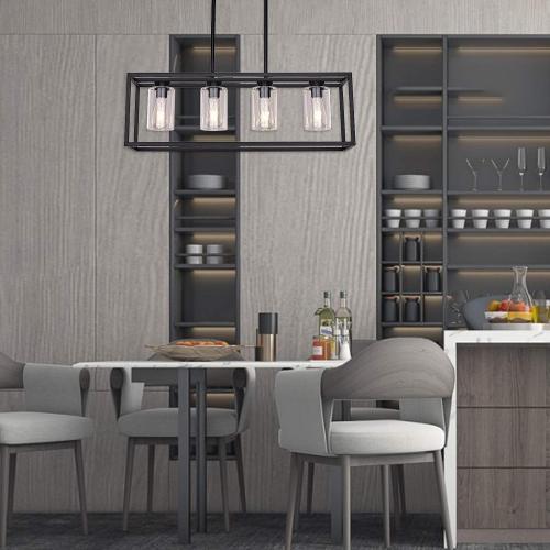 XILICON Black Dining Room Chandeliers Lighting Fixture Linear Pendant Modern 4-Light with Glass Shades Vintage Farmhouse Ceiling Light Hanging for Kitchen Island Cafe Bar