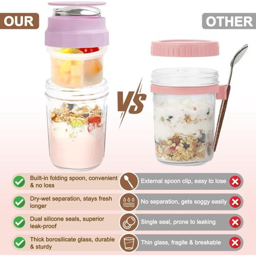 16oz Overnight Oats Jars, Yogurt Containers with Lids and Folding Spoons, 4 Pack Leak-Proof Wide Mouth Mason Jars Divided Compartments for Fruit & Nuts, Glass Jars with Measure Marks for Cereal Salad