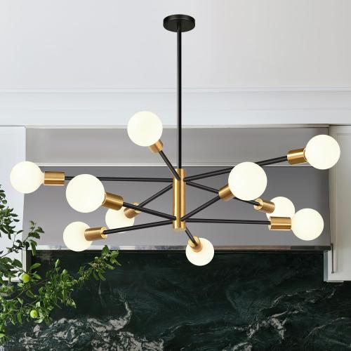 32 Modern Chandelier Ceiling Light Fixture, 10-Light Sputnik Chandeliers Brushed Gold and Black Dining Room Light Fixture, Height Adjustable Chandeliers for Dining Room Living (Bulbs Not Included)