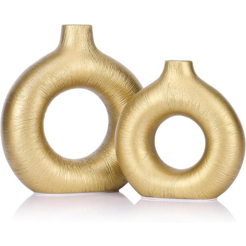 Gold Vase Decor Donut Vase Set of 2 - Circle Hollow Vases, Modern Matte Ceramic Vases for Entryway Living Room Bedroom Dining Table Centerpiece Office Home Decor