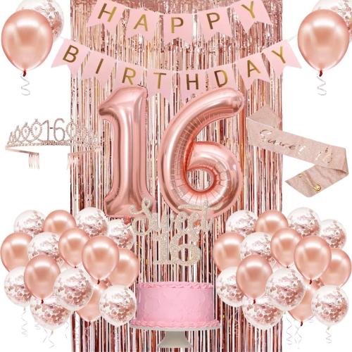 Sweet 16 Party Decorations for Girls, Happy 16th Birthday Banner Cake Topper Balloons Sash and Tiara, Rose Gold 16 Birthday Party Supplies for Girls