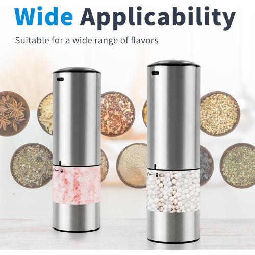 2 pack Automatic Rechargeable Electric Salt and Pepper Grinder Set Stainless Steel Shakers Mill Pepper Grinder Set for Kitchen with LED Large Button Adjustable Coarseness USB With Dual Eco-Friendly Wood Base