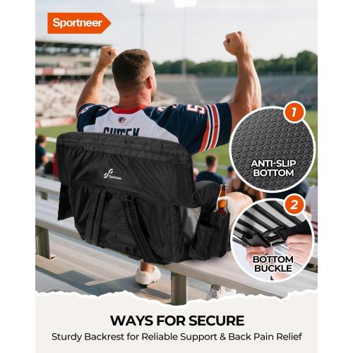 Sportneer Stadium Seats with Back Support: 2.5'' Thick Comfy Cushion 6 Adjustable Angle Bleacher Seat with Armrest - 2 Large Pockets, 2 Cup Holders Stadium Chair for Sport Events Concerts Parks