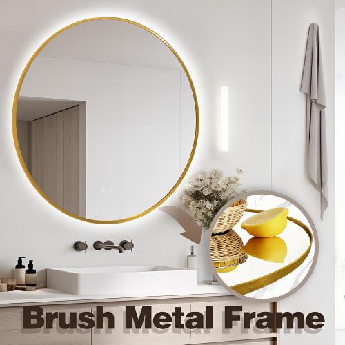 Niccy 36 Round LED Backlit Mirror with Lights, Gold Frame Anti-Fog Circle Mirror, Light Up 3 Color ShatterProof