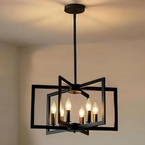 Modern 6-Light Black Chandelier, 6-Light Farmhouse Ceiling Light Fixture, Adjustable-Height Metal Industrial Geometric Pendant Lights，Black Hanging Light Fixture for Living Room, Foyer