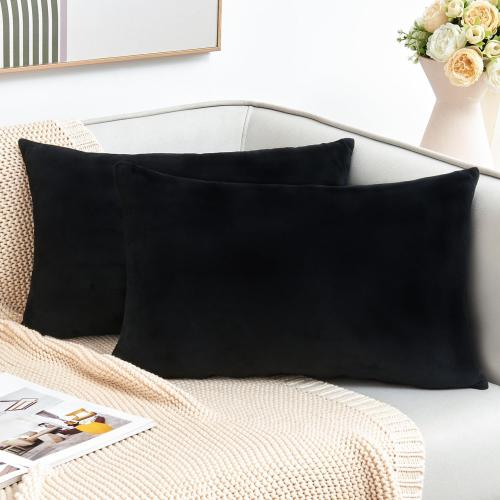 Throw Pillow Covers Decorative Velvet Set of 2 12x20 Inch Pillow Covers, Soft Black Lumbar Pillowcases for Couch Sofa Bed Living Room, Farmhouse Home Boho Decor, Accent Cushion Covers