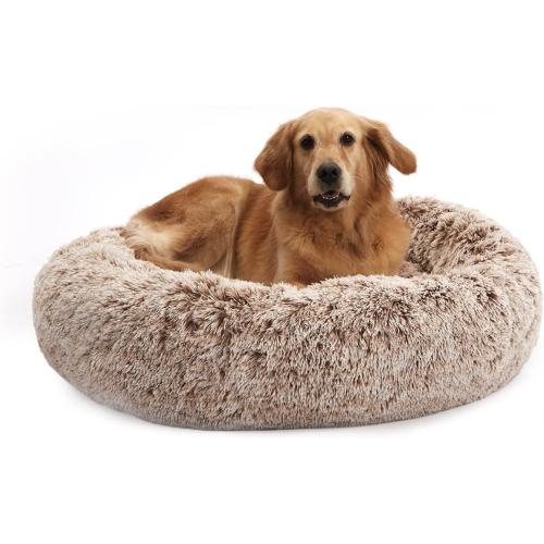Bedfolks Calming Donut Dog Bed, 36 Inches Round Fluffy for Large Dogs, Anti-Anxiety Plush, Machine Washable (Brown, Large)