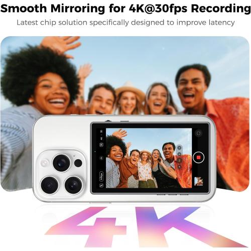 Selfie Monitor Screen for Phone with USB-C Remote Control, Magnetic Wireless Back Camera Mirroring 4K 30fps Recording, Speaker, 3 Brightness, for Vlog Live Stream(Not for iPhone17 Series&Google Pixel)