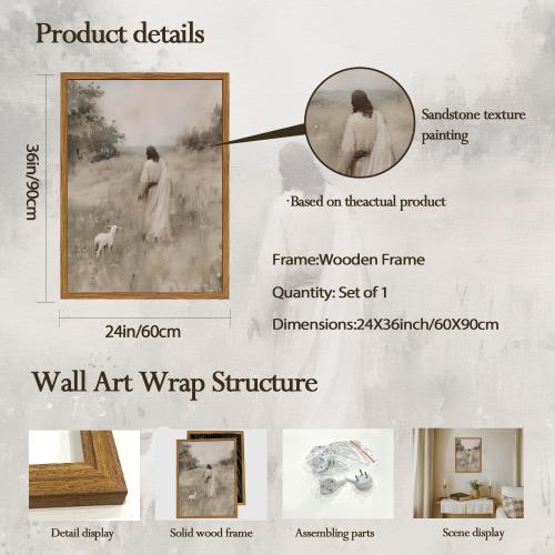 Jesus Leaves The 99 Sheep Wall Art Painting, Vintage Shepherd Christian Wall Decor Lost Lamb Religion Artwork 3D Textured Hand Drawn Sandstone for Living Prayer Room Bedroom 24x36 inch Wood Framed