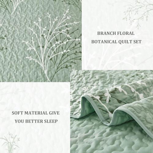 3 Pc Sage Green Quilt Set - Branch Botanical Pattern Bedspread Coverlet Set, 3 Piece Green Floral Quilt Bedding Set Soft Microfiber Daybed Cover for All Season