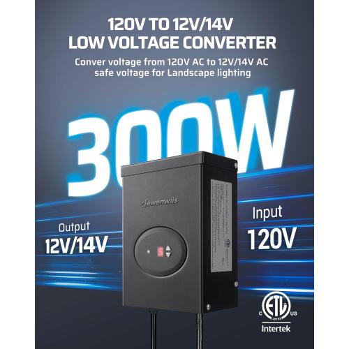 DEWENWILS 300W Low Voltage Landscape Transformer, Outdoor Weatherproof Transformer with Timer and Photocell Sensor, 120V AC to 12V/12V AC for LED Lighting, Spotlight, Pathway Light, ETL Listed
