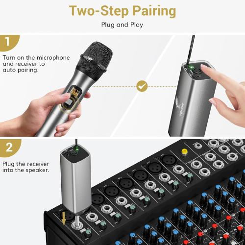 TONOR Wireless Microphones, 60 m/200ft UHF Dual Cordless Metal Dynamic Mic System with Receiver, Microfonos Inalambricos Professional for Karaoke Singing, Wedding, Party, Speech, Church, TW630 Silver