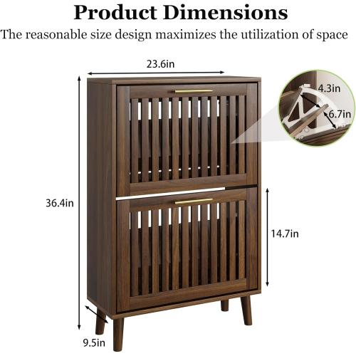 Shoe Cabinet, Shoe Storage Cabinet with Louvered 2 Flip Drawers, Narrow Shoe Cabinet Storage for Entryway, Freestanding Shoe Organizer Cabinet with Golden Handles, Slim Shoe Rack Cabinet (Walnut)