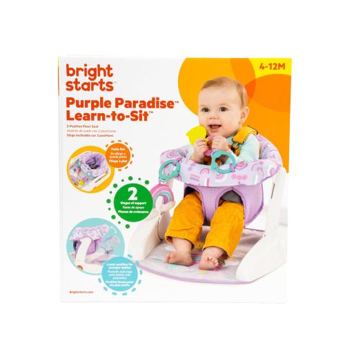 Bright Starts Learn-to-Sit Baby Floor Seat, 2-Positions Grow with Infant, Portable Baby Chair, Includes Sensory Toys, Unisex, 4-12 Months, Purple Paradise