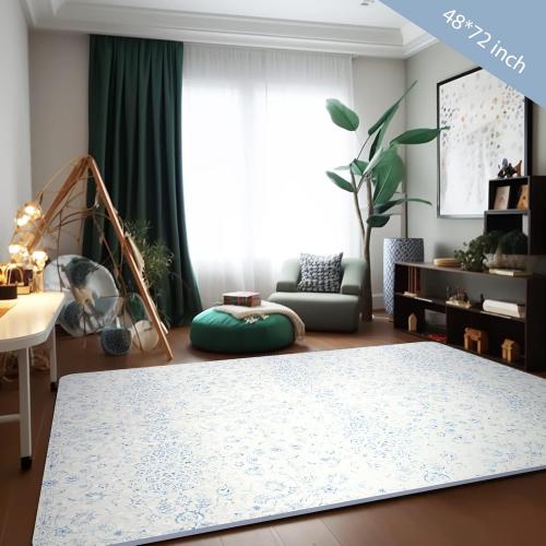 Extra Large Baby Play Mat - 4FT x 6FT Non-Toxic Foam Puzzle Floor Mat for Kids & Toddlers (Persia Handmade Pattern, Blue and White)
