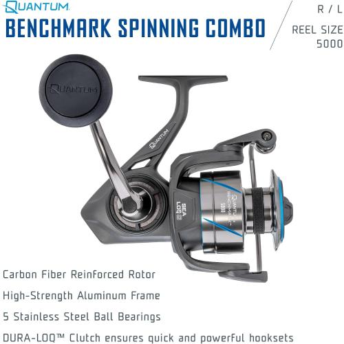Quantum Benchmark Spinning Reel and Fishing Rod Combo, Graphite Composite Blank, 5 1 Bearings, Silver/Blue