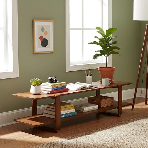 Welnow Low Bamboo TV Stand for 65 Inch TV, 2-Tier Open Shelves, Walnut | Modern Entertainment Center,Open Shelf for Gaming Consoles and Soundbar,Media Console Table for Living Room, Bedroom