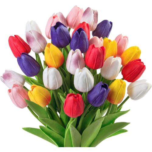 Ouddy Decor 30 Pcs Multicolor Artificial Tulip Flowers PU Real Touch Fake Plants Faux Bouquet for Room Office Table Party Spring Summer Wedding Home Decorations
