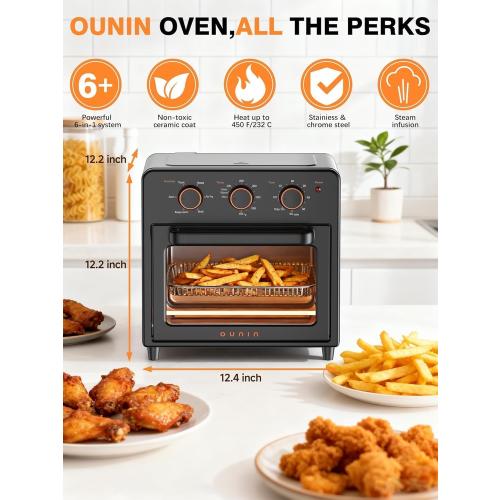 OUNIN Air Fryer Toaster Oven with Steam Infusion, 12 QT Compact Countertop Oven, 6-in-1 Stainless Steel Combo Bakes, Broils, Grills & Warms, Fast Preheat, 60-Minute Timer – Small Kitchen Friendly