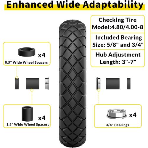 RONPOW 4.80/4.00-8 Flat Free Wheelbarrow Tire and Wheel, 16 Solid Puncture Proof Replacement Tires with 5/8 & 3/4 Bearings, 400Lbs Load, Universal Fit for Garden, Farm & Construction, 2Pack Black