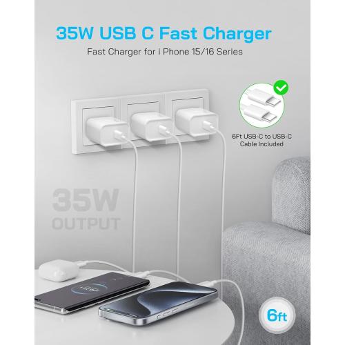 GUUSMART 35W iPhone Charger Fast Charging 3 Pack USB C Wall Charger, White | 6 FT Type C Cord, Compatible with iPhone 17/17 Air/17 Pro/17 Pro Max/16/15 Series, iPad Pro