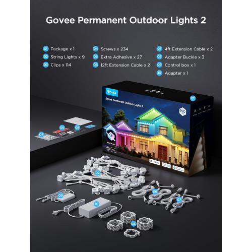 Govee Permanent Outdoor Lights 2, 150ft RGBIC Outdoor Lights with 108 LED Lights, IP67 Waterproof, 100 Scene Modes with 40lm White for Outdoor Decorations, Works with Alexa, Google Assistant, Black