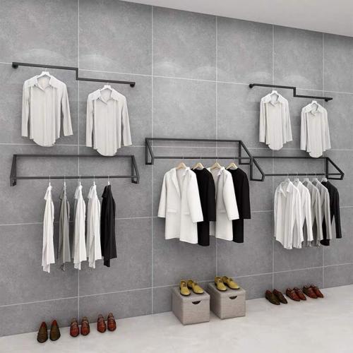 Modern Simple Men's and Women's Clothing Store Heavy Duty Metal Display Shelf,Wall-Mounted Garment Rack with Wood,Clothes Rail,Bathroom Hanging Towel Rack (Black Square Tube, B-57 L)